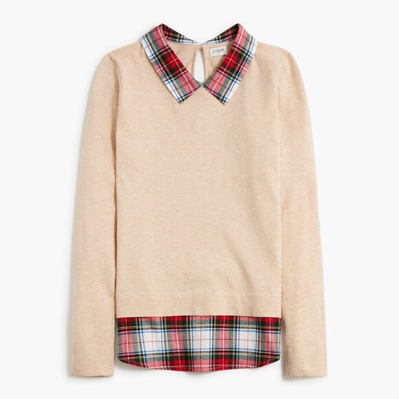 J. Crew Sweaters - J.Crew Cream Plaid Flannel Woven Collar Sweater Size Medium 41968